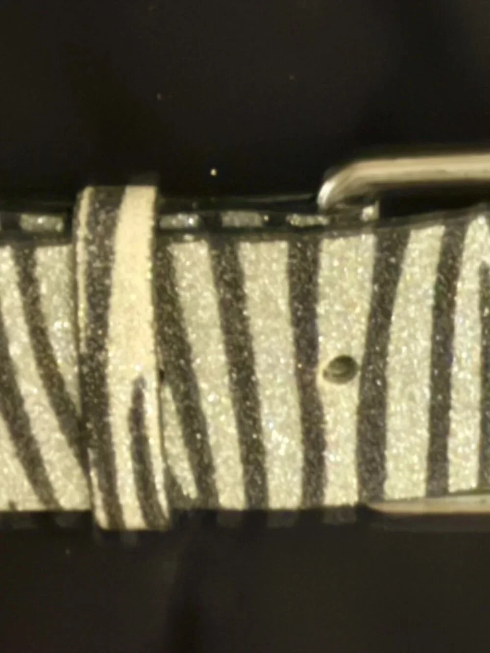 Silver & Black Zebra Glitter Belt – Roller Buckle – Size S – 1.5” W; 40